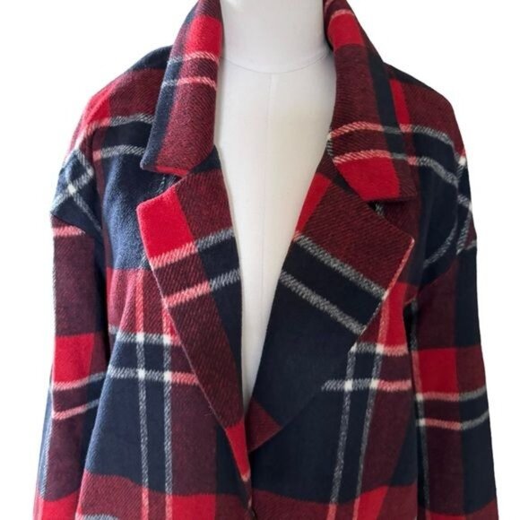 ASOS Liquorish Boxy Straight Coat in Red Navy Check Size 6 EUC - Picture 5 of 13